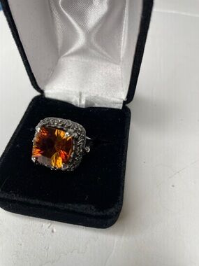 Sterling Silver Ring with Amber Color Stone Possible Citrine or Quartz - Size 8
